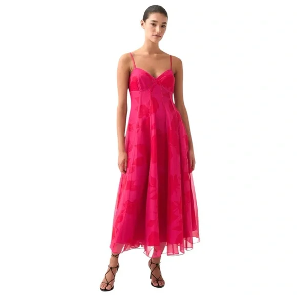 NEW AJE Sway Paneled Red & Pink Fluorescent Rose Spaghetti Strap Midi Dress - Picture 5 of 13